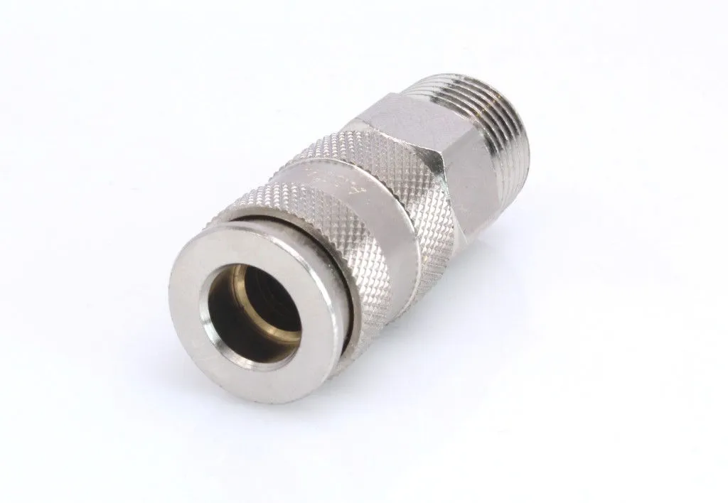 Angled view of quick connector showing front coupler face with brass internal valve, knurled sleeve and male threaded tail