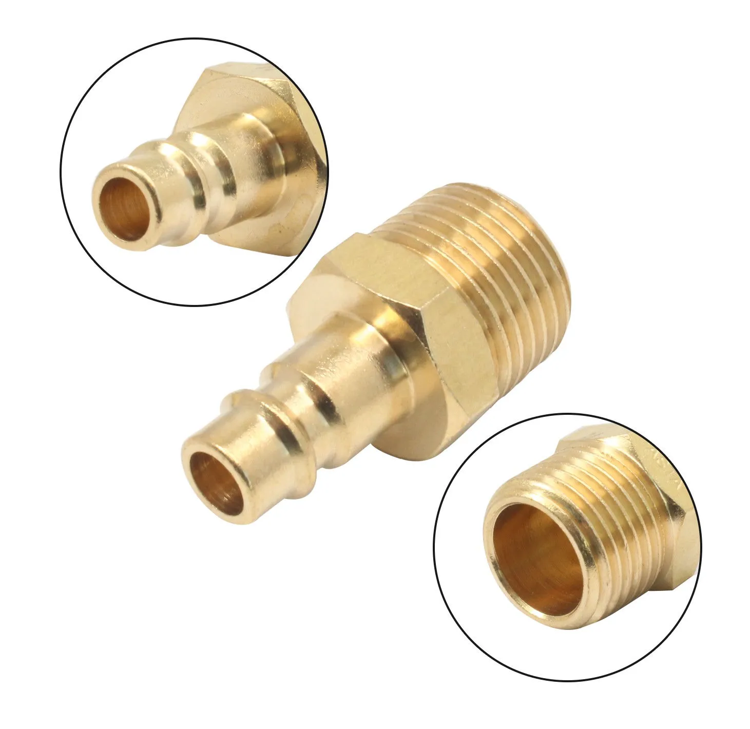 Brass quick connect adapter with inset close-ups of barbed tail and threaded opening.