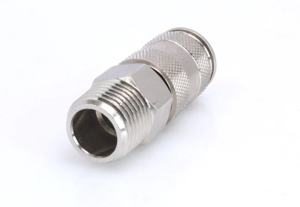 Angled shot of the 1/2" male quick connector focused on threads, hex flats and knurled sleeve