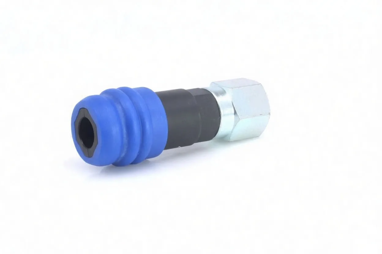 Angled quick connector showing blue ribbed sleeve, partial ASTA logo on black body, and silver hex nut