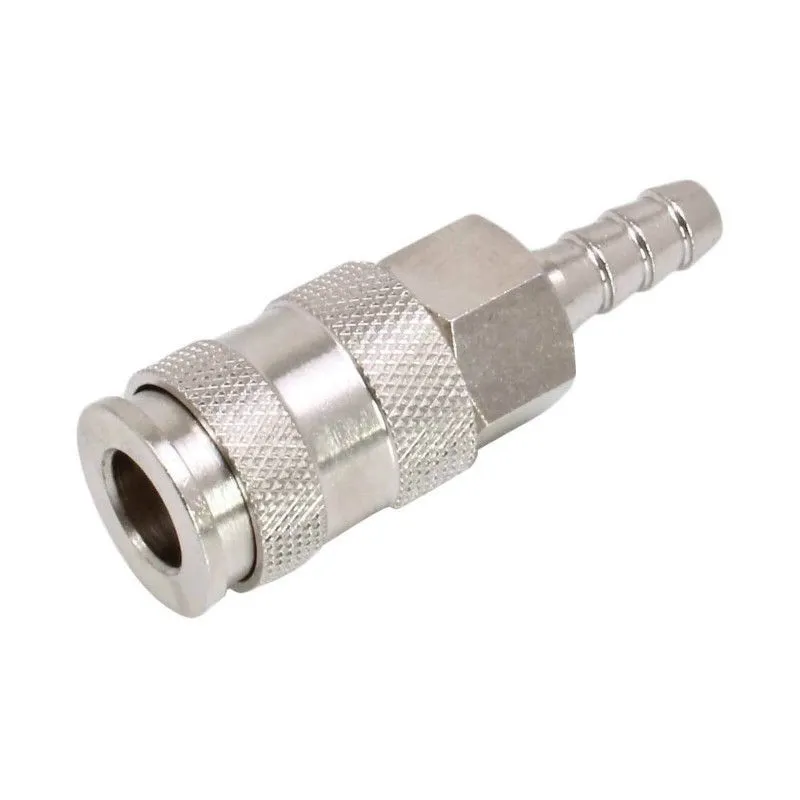 Angled view of a metallic quick-disconnect coupler with knurled grip and barbed hose tail, showing the female socket opening