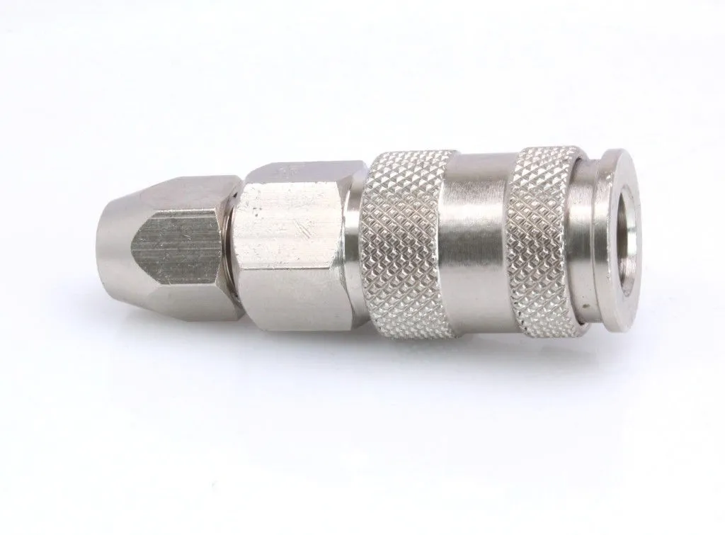 Side view of a silver quick hose coupler showing hex nut, knurled grip bands and flanged female end.