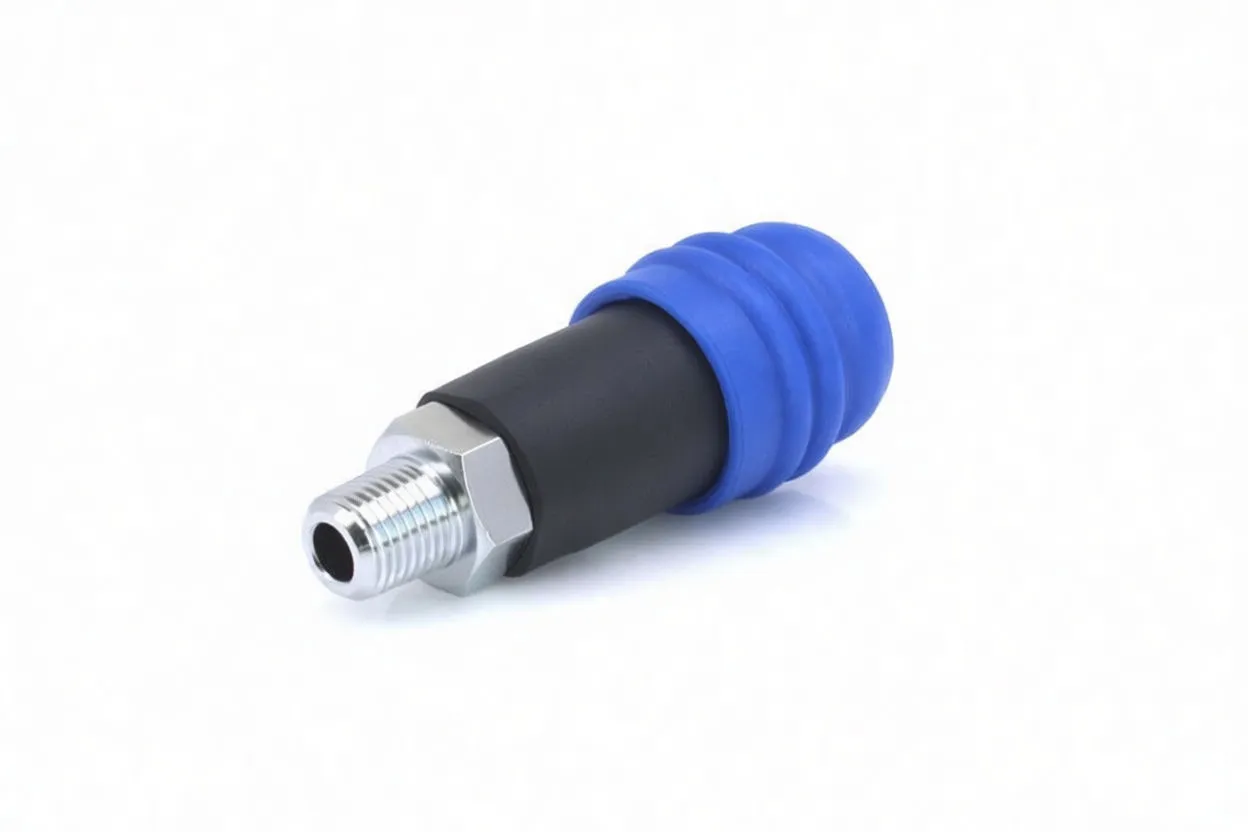 Oblique view highlighting metal male thread, hex flats, black body with ASTA logo, and blue rubber cap