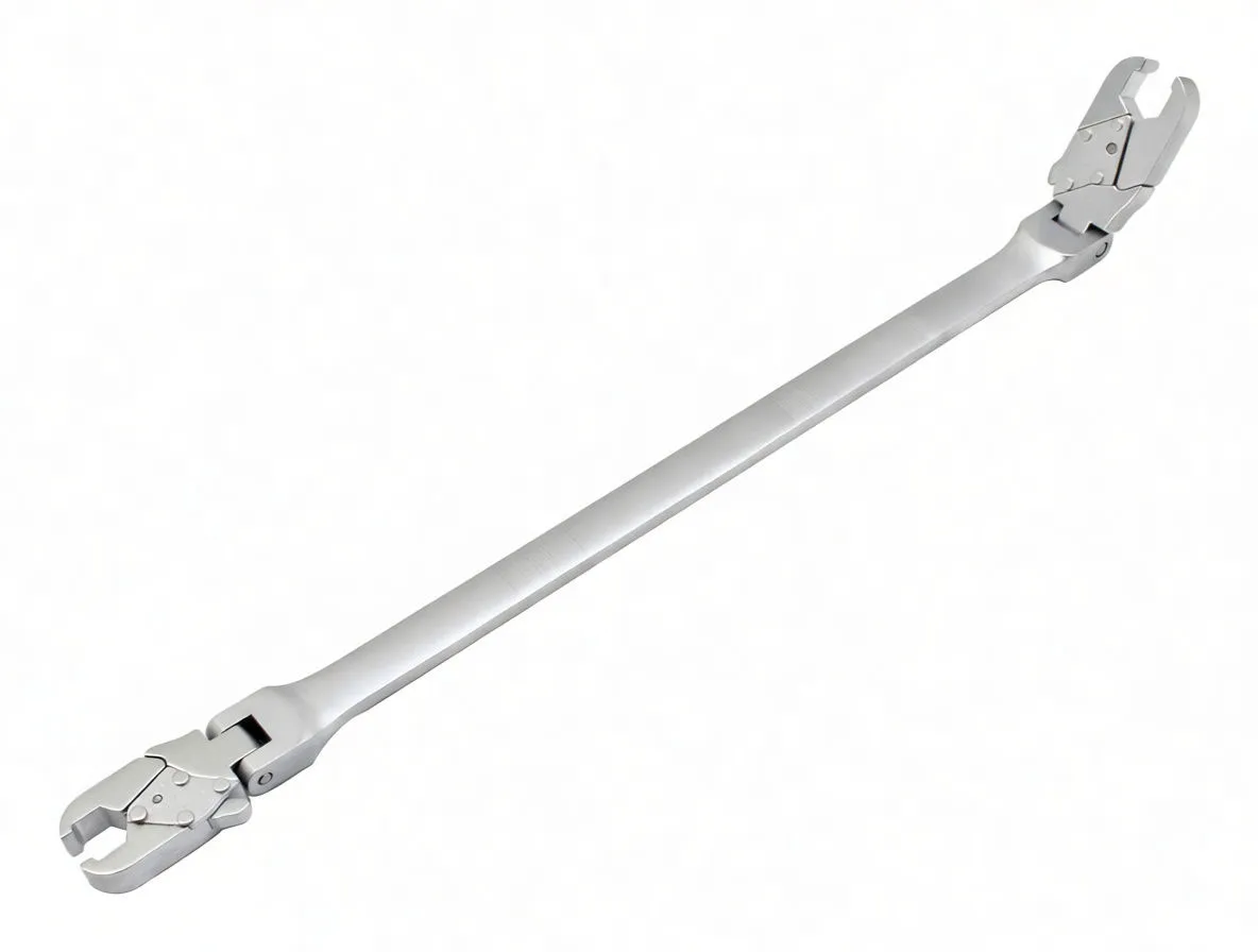 Wrench shown with one head folded up to demonstrate articulated hinge