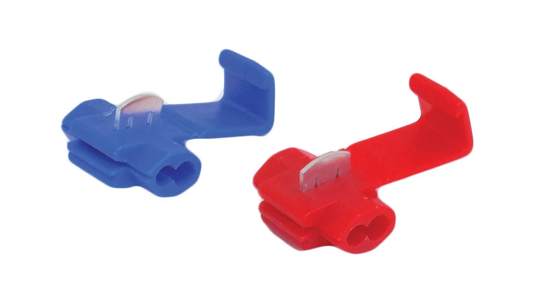 Close-up of blue and red quick-splice wire terminal connectors showing plastic housing, wire entry ports and metal splice blade.