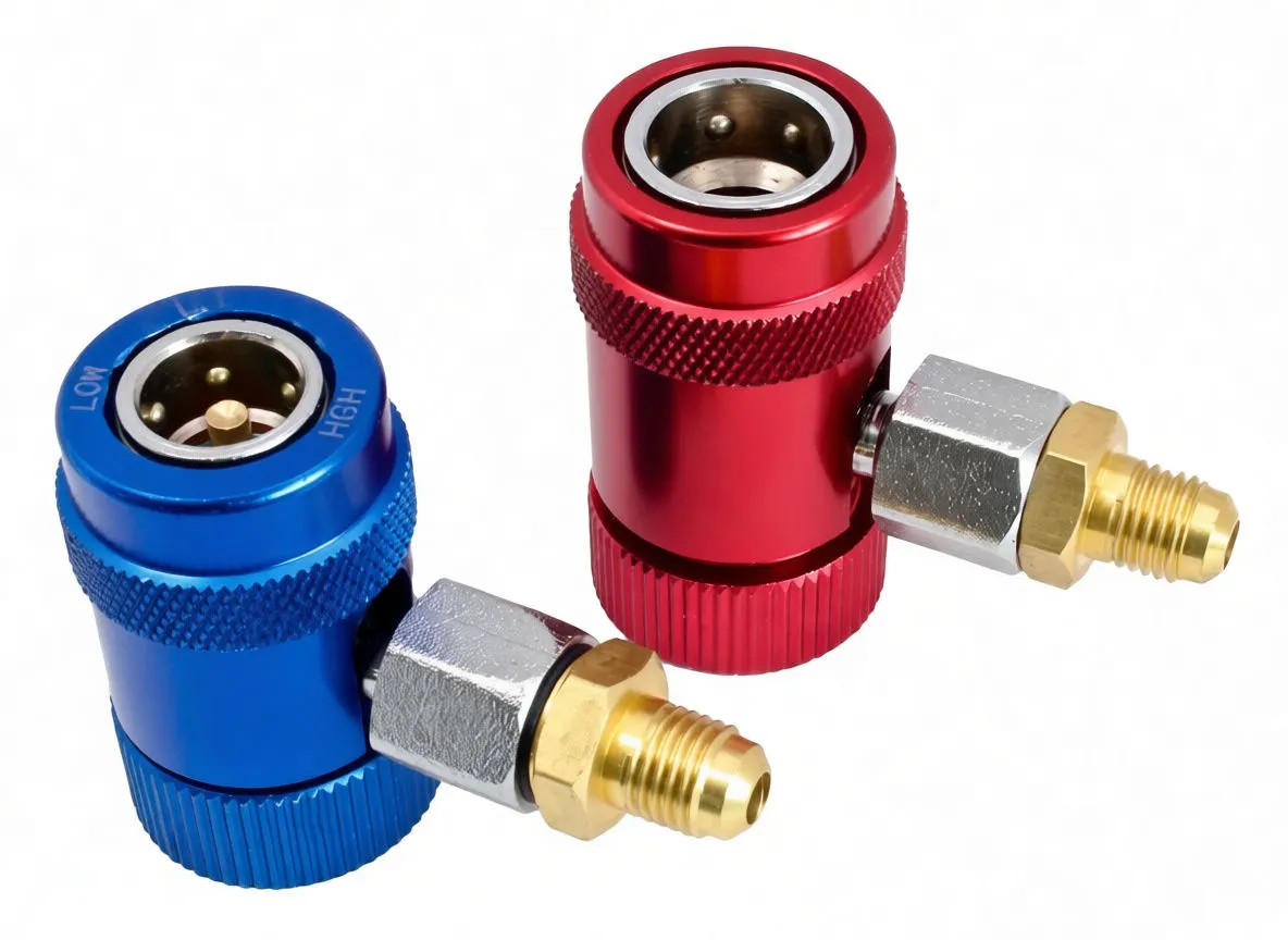 Blue coupler labeled LOW and red coupler labeled HIGH showing knurled grips, swivel joints and brass fittings