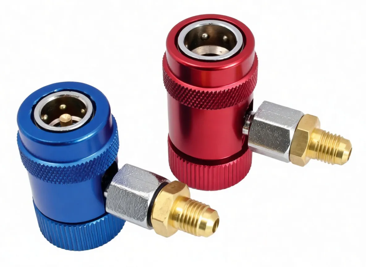 Close-up of red and blue quick couplers showing internal valve seats, knurled bodies, swivel joints and brass threaded fittings