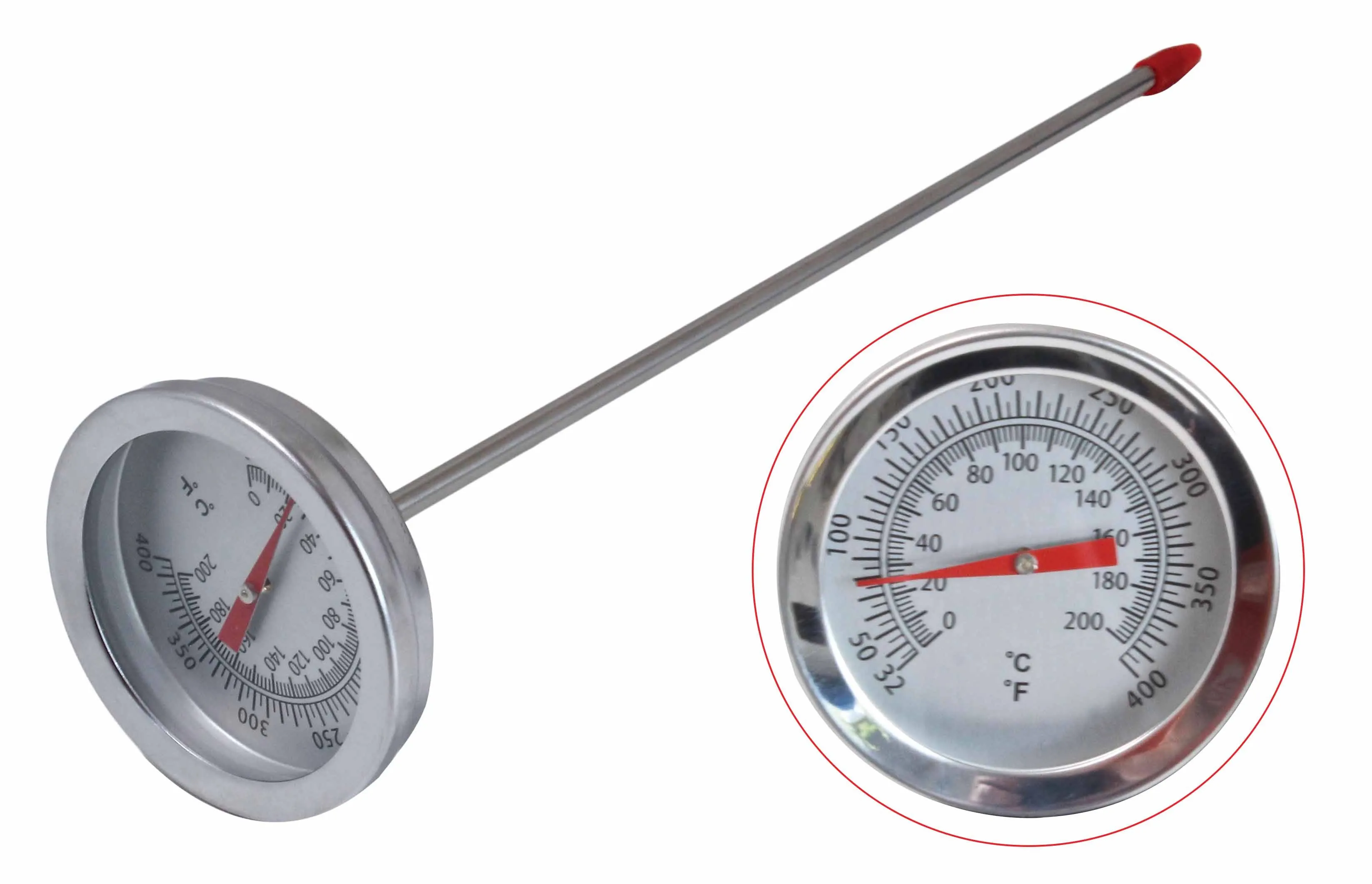 Metal temperature probe with round dial thermometer showing °C and °F scales