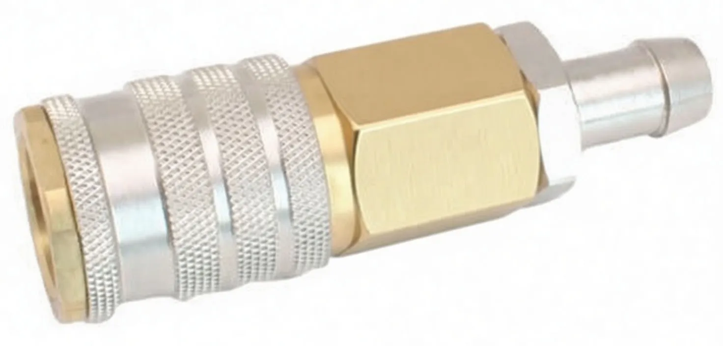 Angled close-up of adapter showing hose barb spigot, brass hex body with ASTA marking and knurled quick-release collar.