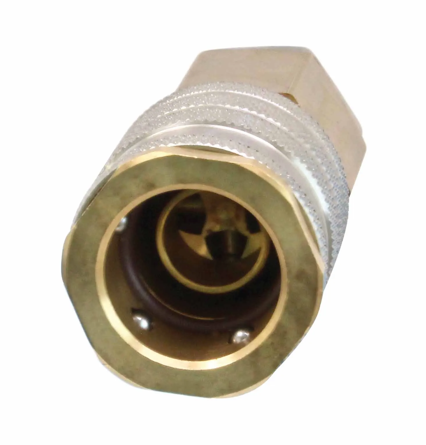 Frontal close-up of female quick-connect coupling showing detent balls, inner valve seat and brass machined face.