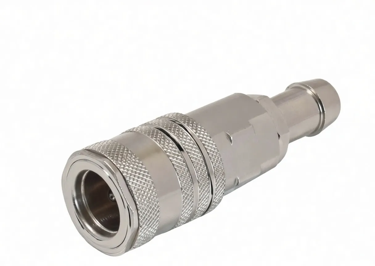 Adapter with inset close-up of female coupling showing internal brass sleeve and ball bearings