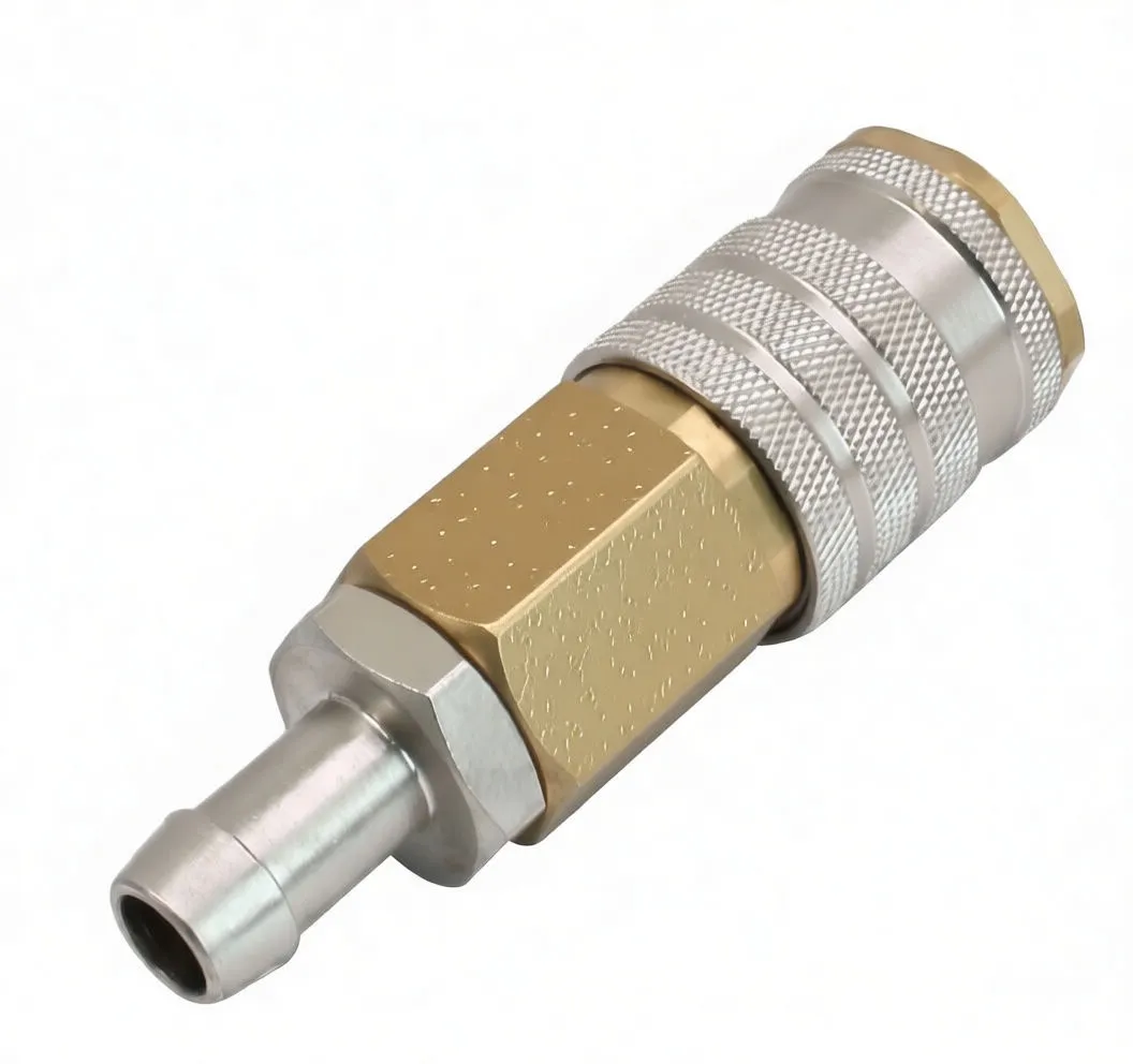 Adapter angled with inset showing interior of female coupling, internal valve components and retaining features.