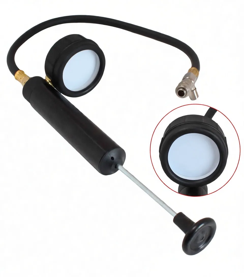 Hand pump with plunger, attached hose and pressure gauge showing psi/bar scale