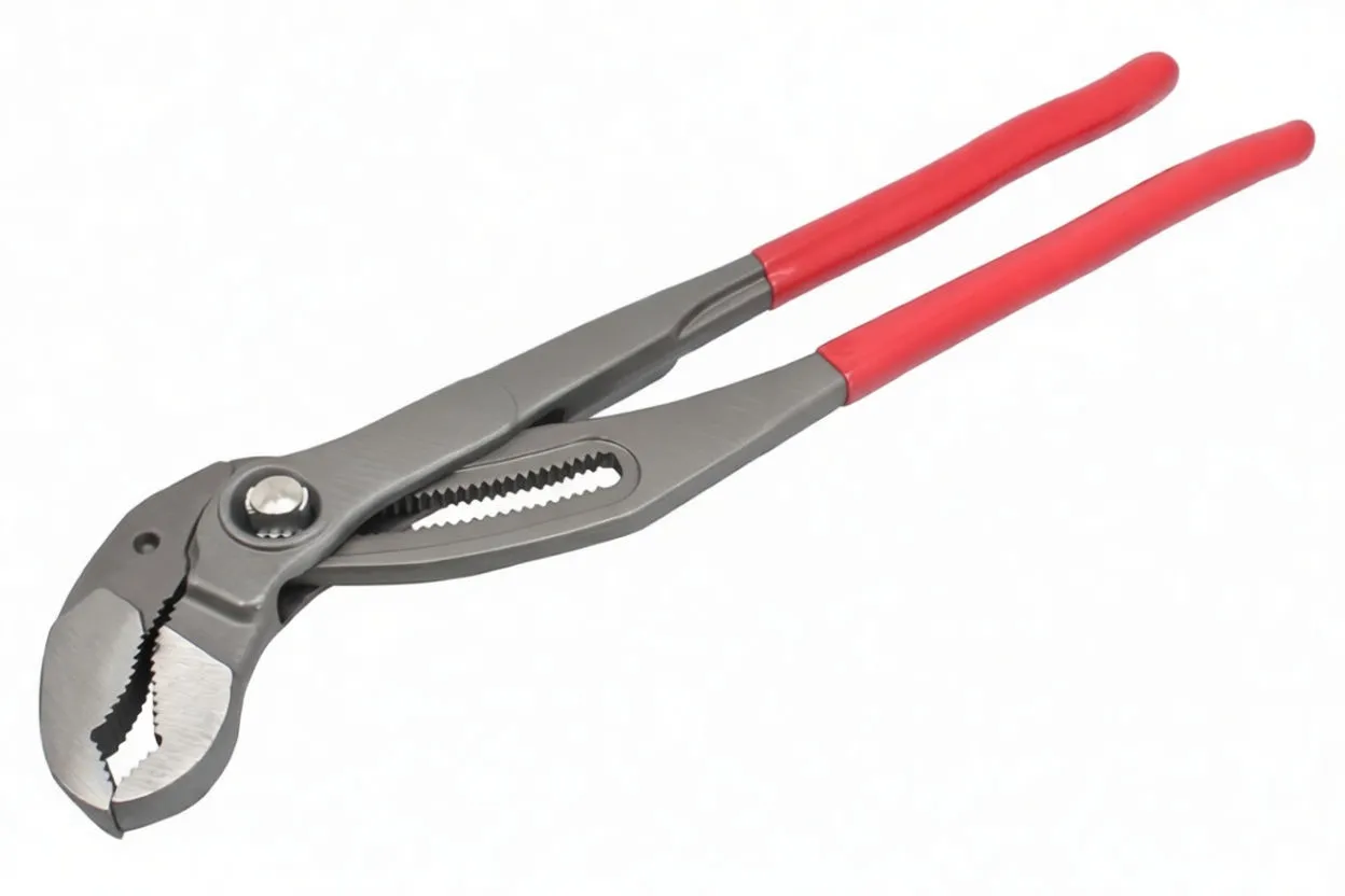 Angled view of entire fitting plier with red handles, serrated jaws and adjustment slot