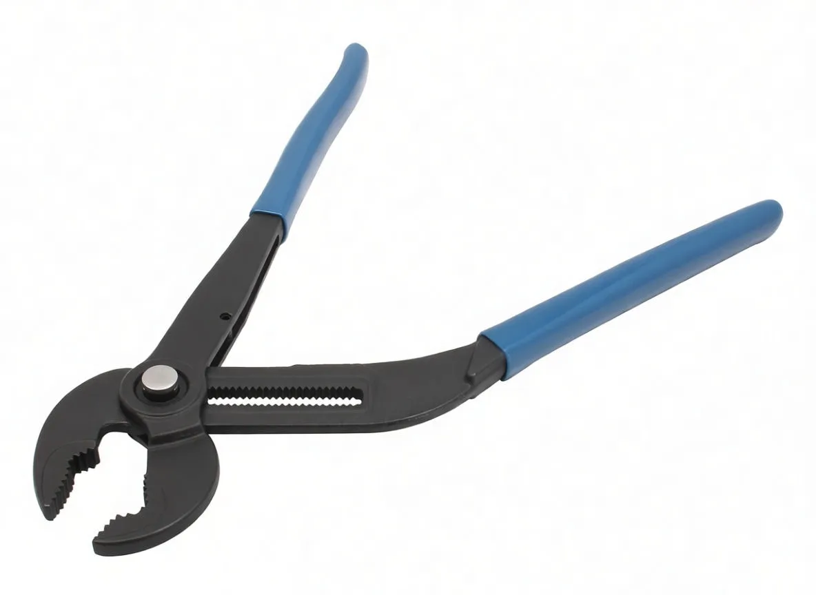 Open fitting pliers with blue handles showing serrated jaws and toothed adjustment slot
