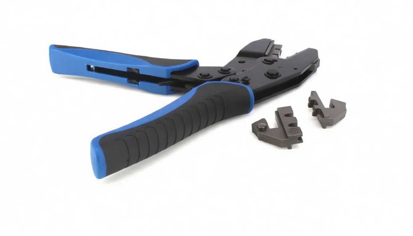 Close-up of plier handles and two detached metal die inserts on white background