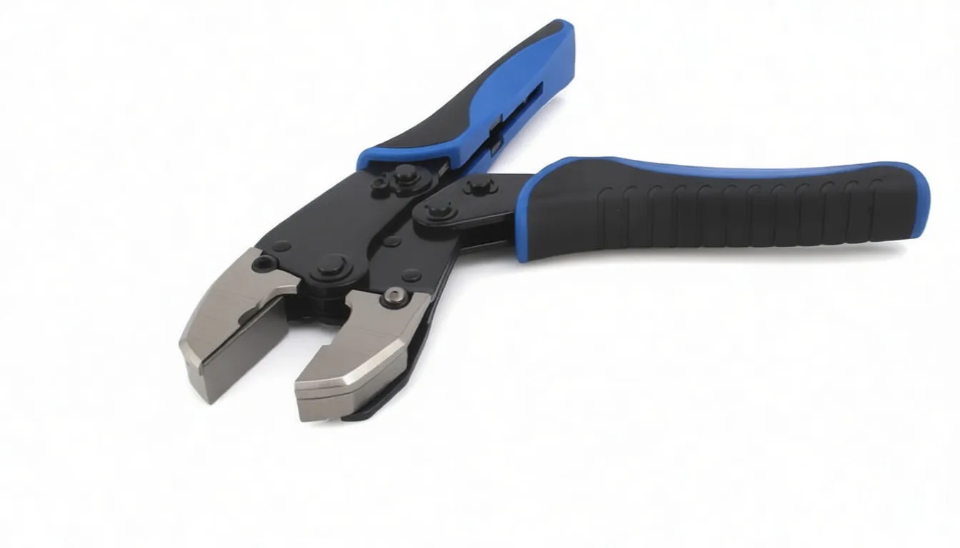 Close view of crimper jaws, pivot rivets, spare dies and textured blue-black handles