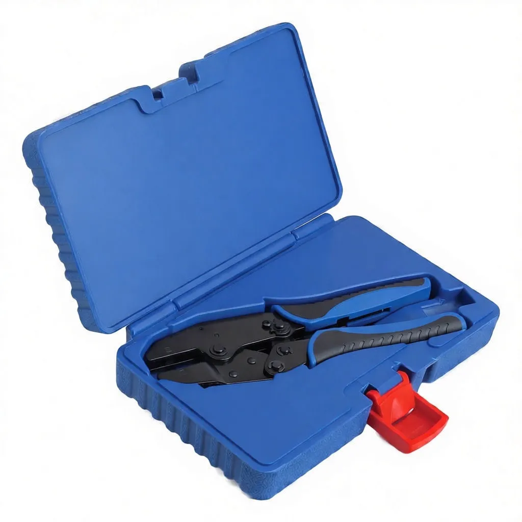 Angled open case with crimping pliers, spare die pieces, visible branding