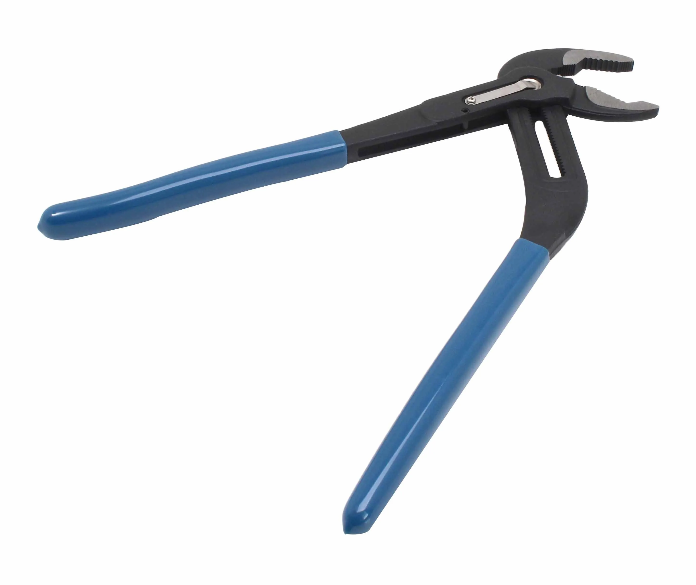 Pliers from underside showing metal locking clip, jaws and blue handles
