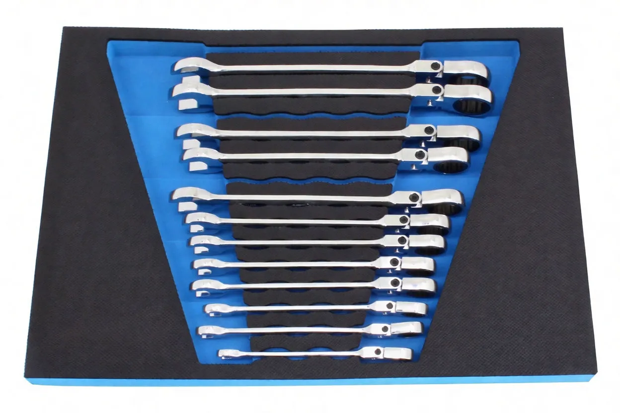 Top view of black and blue foam tray with a full set of chrome combination ratchet wrenches arranged by size