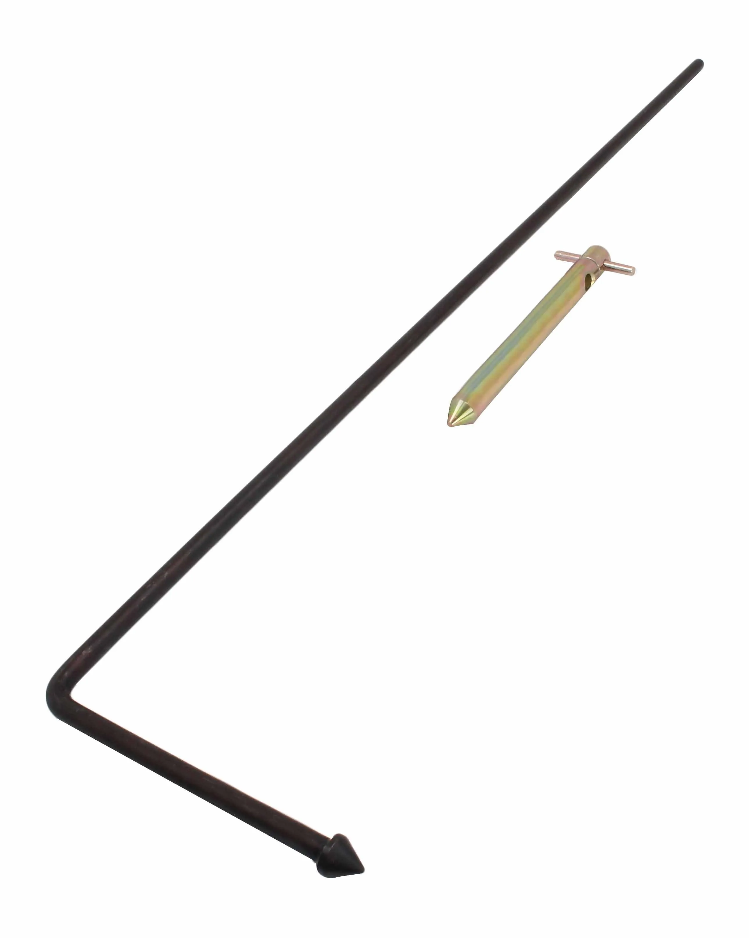 Diagonal view of bent black axle alignment rod and gold tapered pin with T-handle on white background
