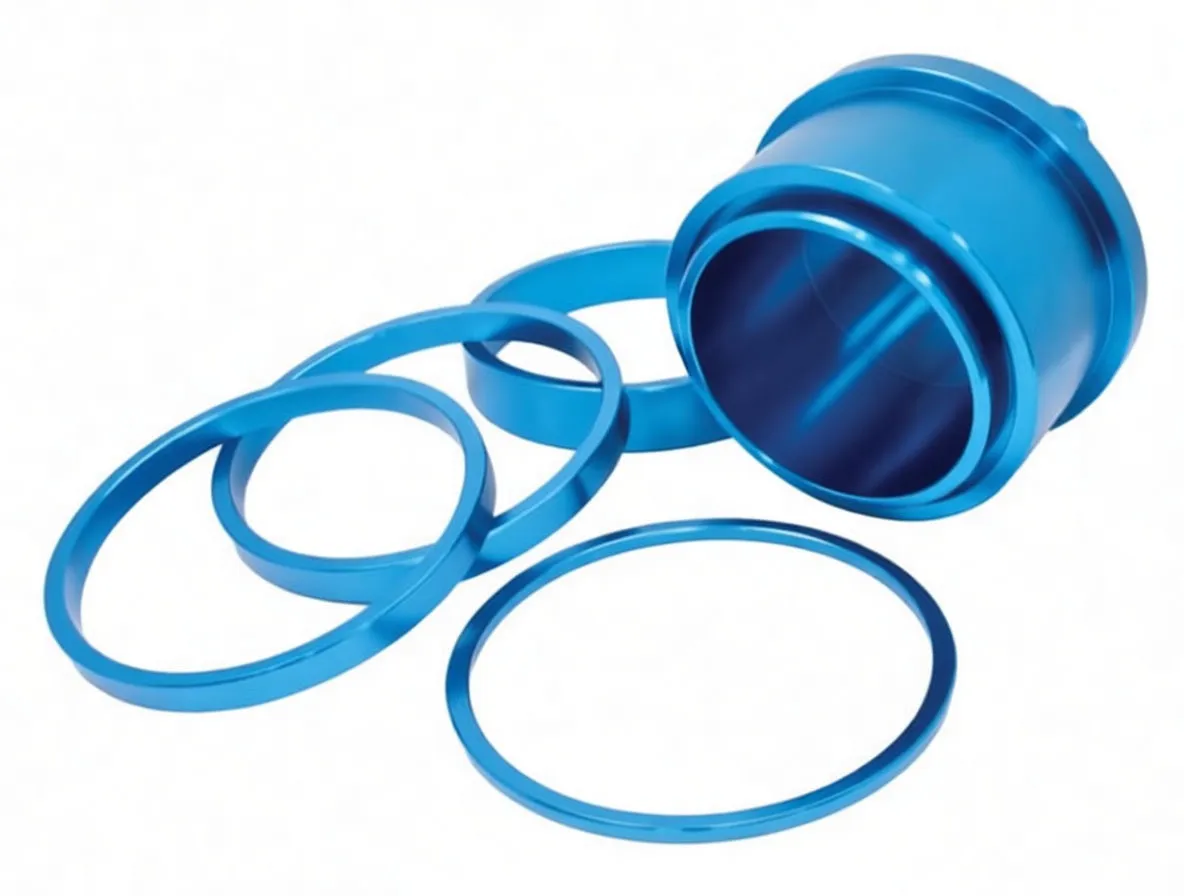 Side view showing hollow interior of blue installer cup and several installation rings, ASTA marking visible