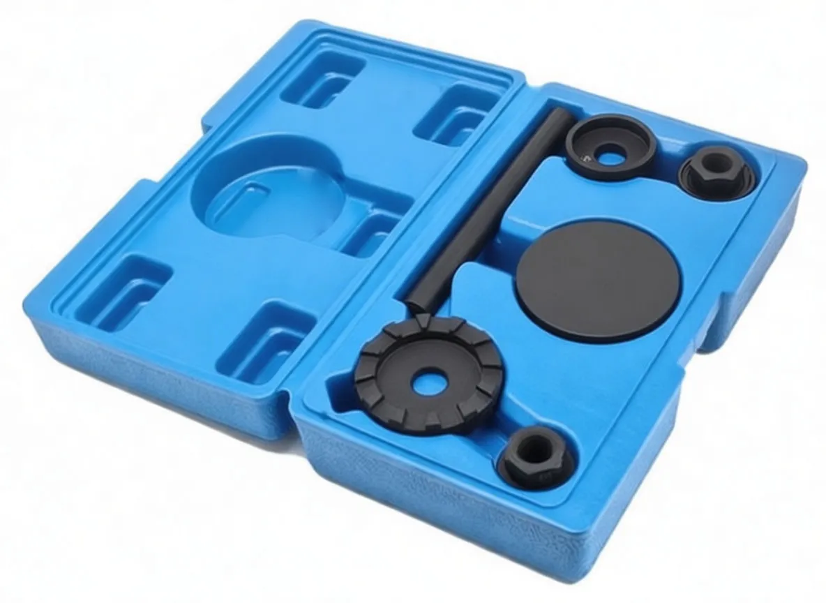 Angled view of blue case with black bush removal tools including threaded rod, round adapter plate, slotted disc and receiving cups