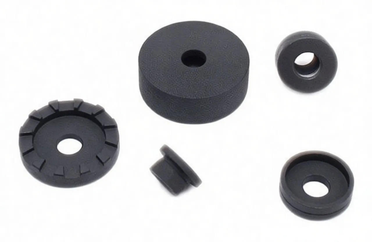 Close-up of five black metal press pieces: large stamped plate, slotted disc, small pilot sleeve and two receiver cups