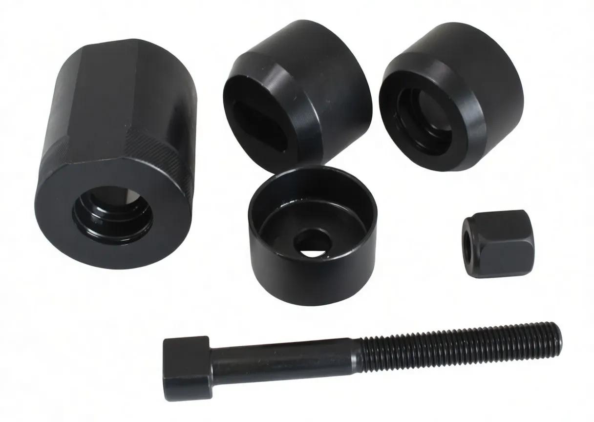 Disassembled black metal ball joint tool parts laid out: sleeves, cups, threaded bolt and hex adapter with ASTA marking