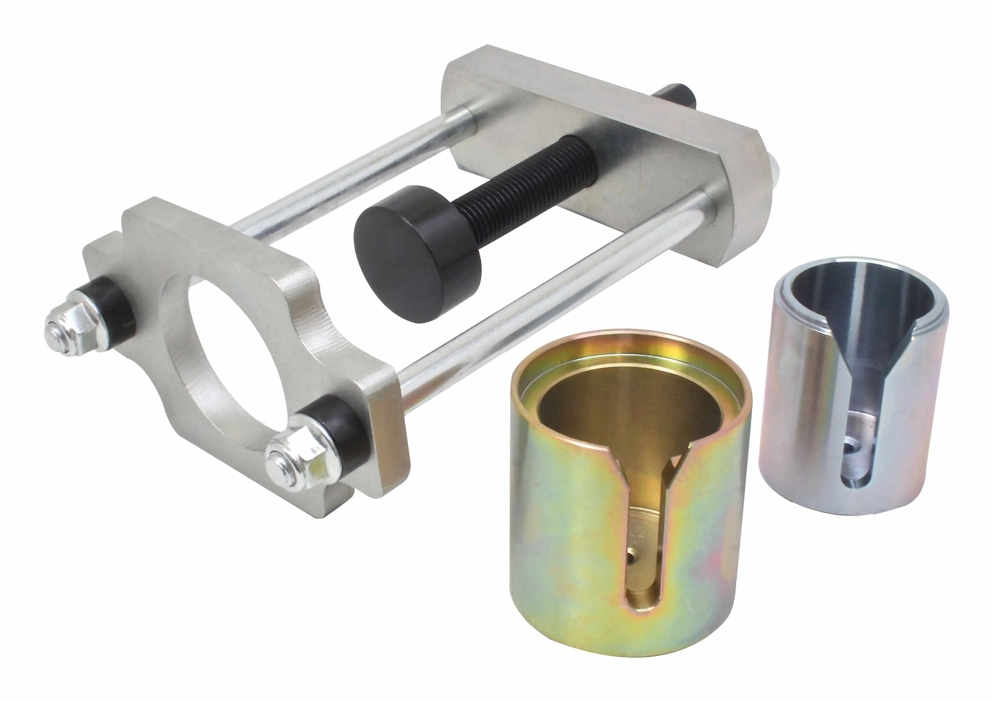 Tool components on white background: two-rod puller with black threaded screw, gold-plated and silver slotted cylindrical adapter cups, and fasteners.