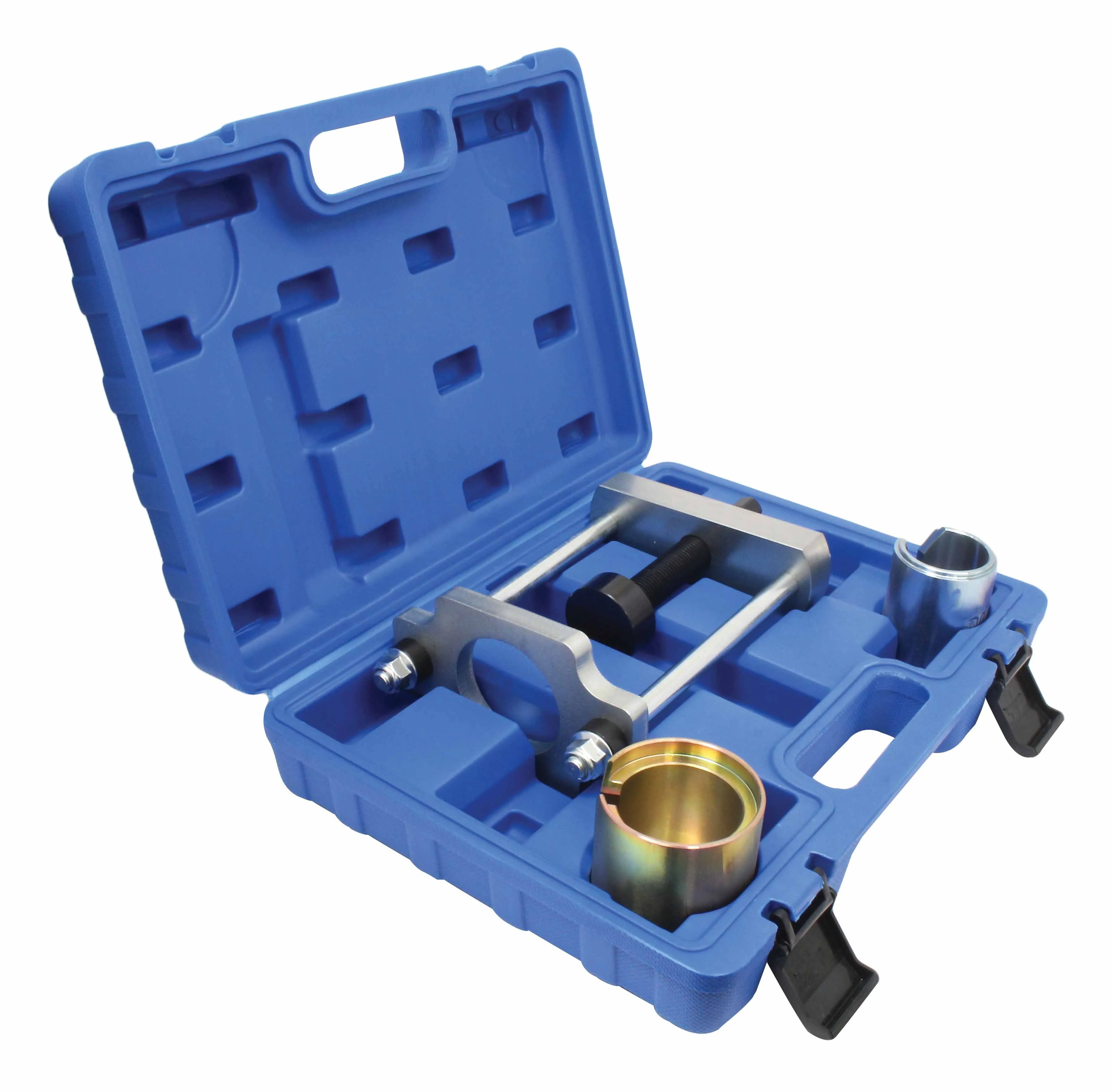 Angled open case displaying the two-rod puller frame, black screw, gold and silver slotted adapter cups in molded blue case compartments.
