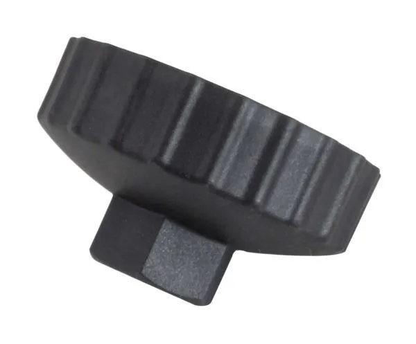 Side view of black ribbed reservoir removal wrench showing square drive boss and textured outer edge