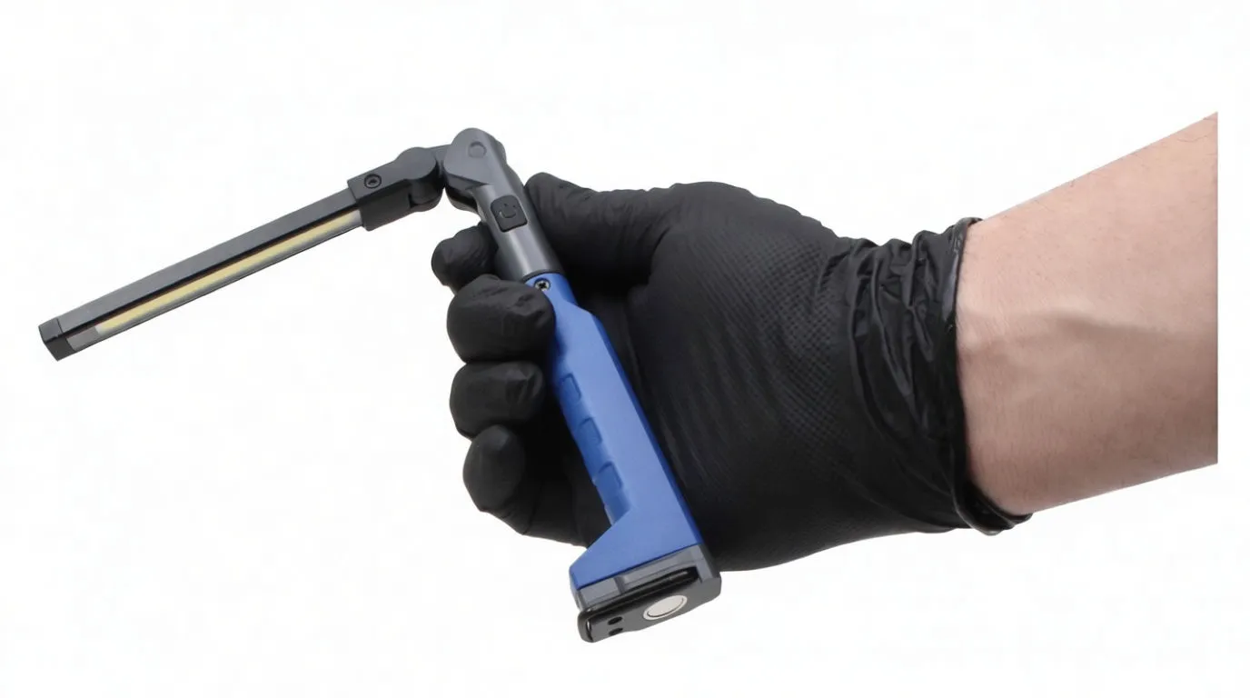 Close view of hinged joint and base magnet while gloved hand grips the work light