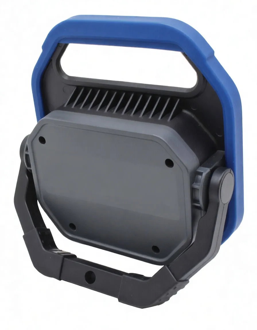 Back of ASTA flood lamp with label, battery specs, USB 5V/1A port, indicator LEDs and foldable stand