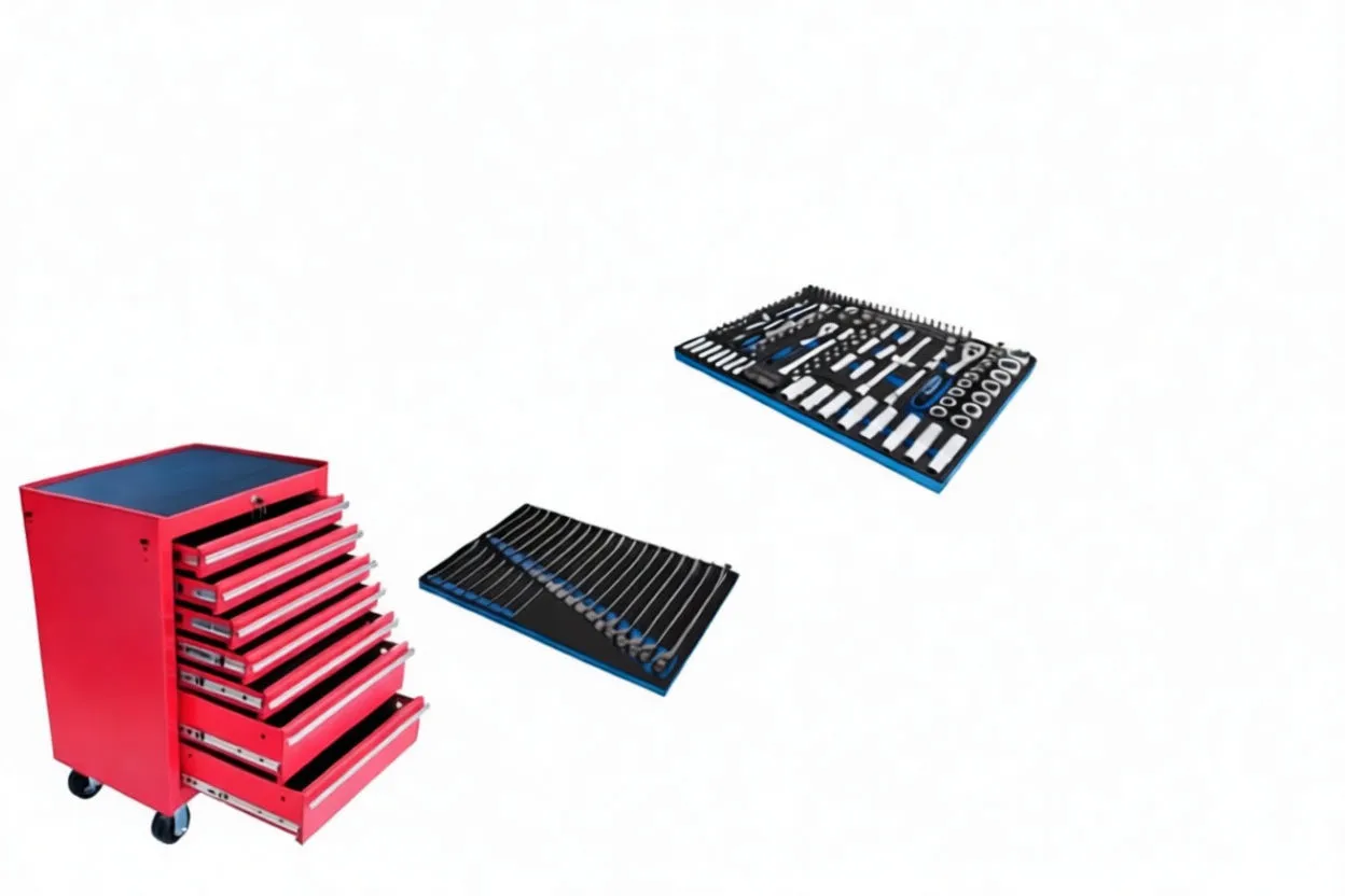 Promotional poster for SATRA 7-drawer workshop trolley showing logo, price, 233 elements and images of foam tool modules