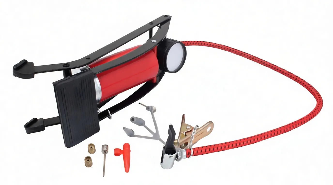 Side view of pump showing cylinder, piston rod, springs, braided hose and accessory pieces