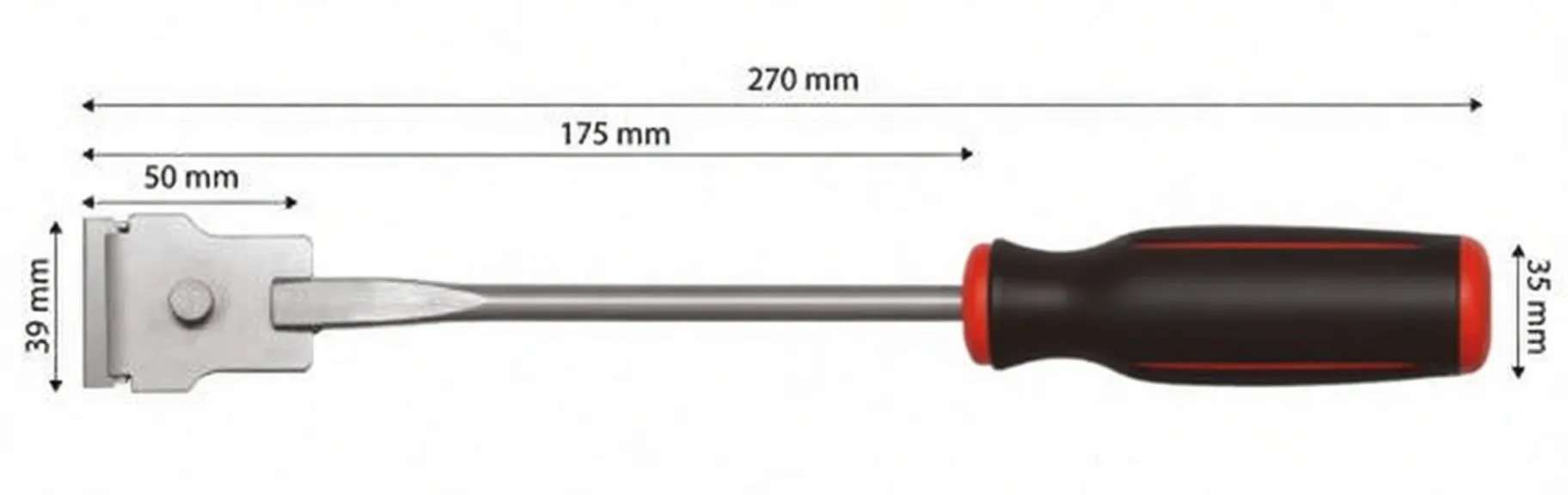 Measured diagram of scraper showing 270 mm overall, 175 mm section, 50 mm head width, 39 mm head height and 35 mm handle thickness; chrome shaft, metal blade head and black/red handle with ASTA logo.