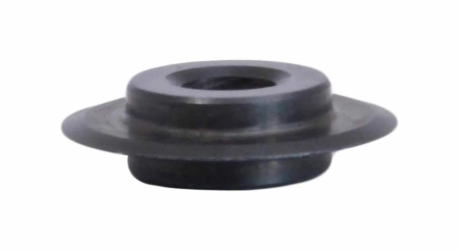 Side view of black stepped circular flange with central hole and lower skirt