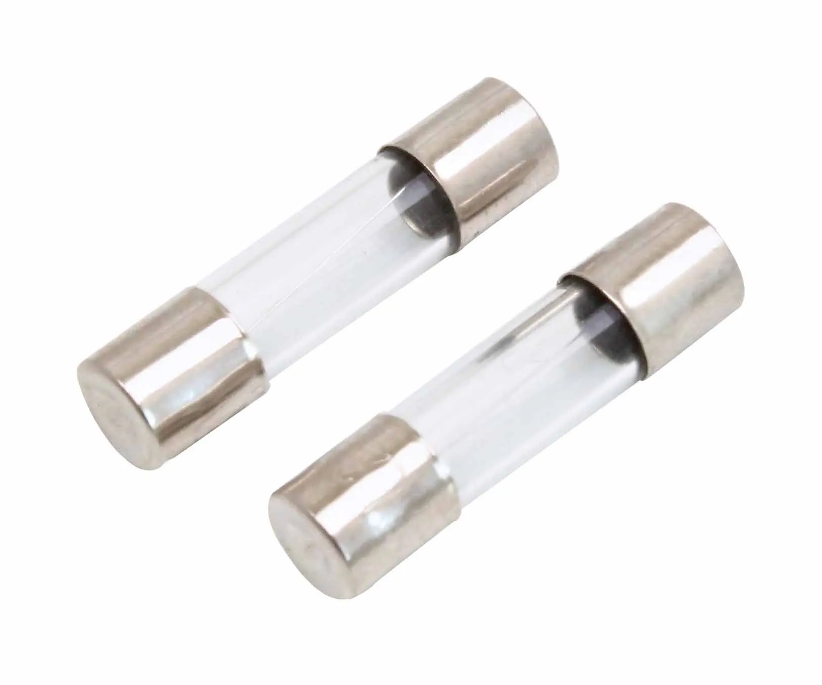 Two glass cartridge fuses with metal end caps, replacement fuses for the charger