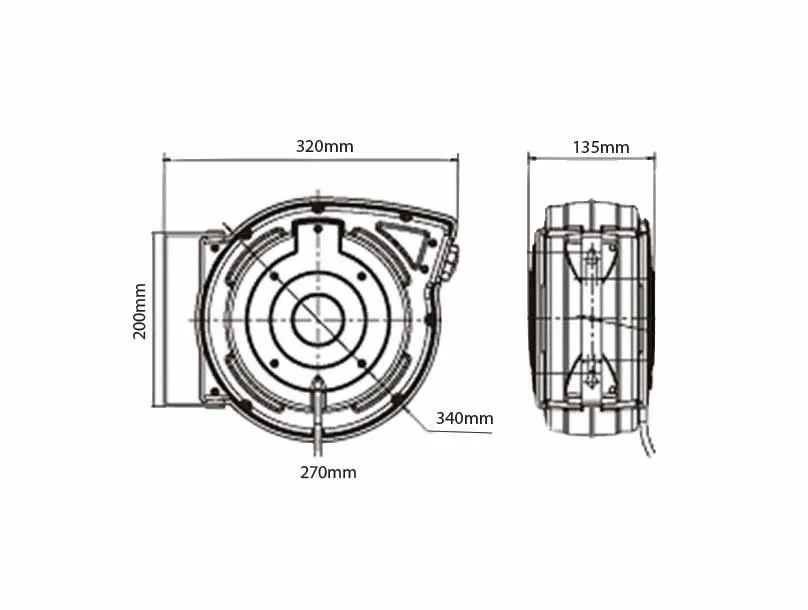 Two-view technical drawing of the cord reel with dimensions (320mm, 200mm, 270mm, 340mm, 135mm) and mounting/cable outlet details