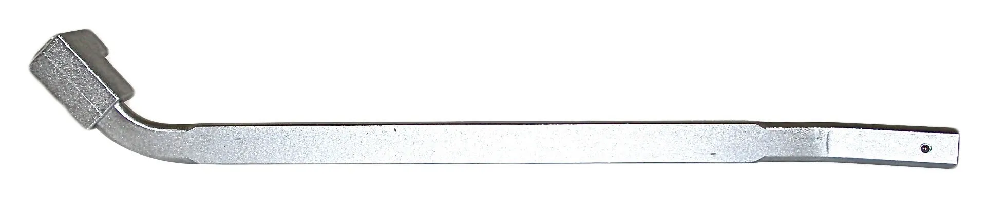 Side profile of silver tension lever showing long flat shaft, angled head with boxed socket, and small hole at opposite tip