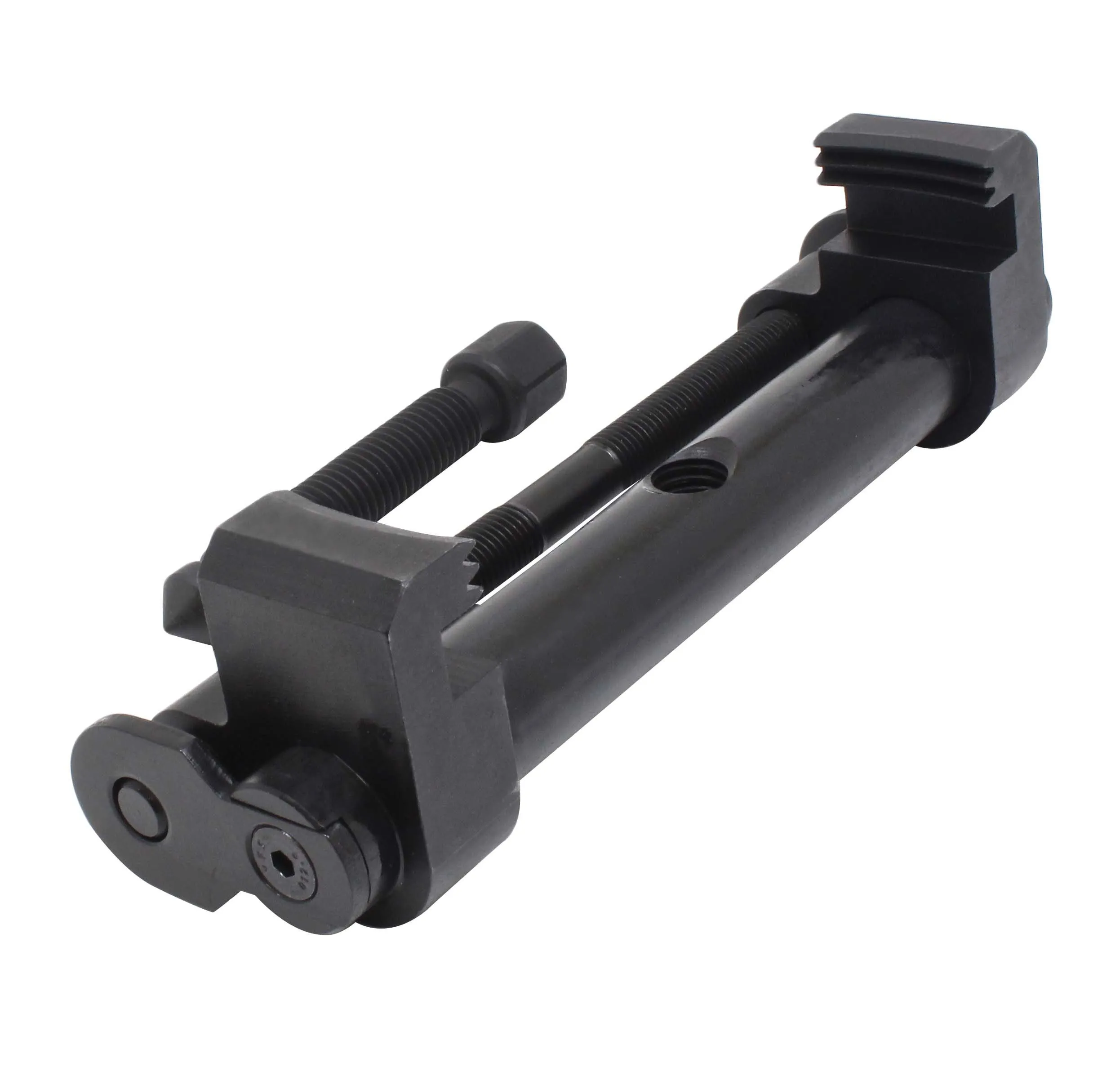 Three-quarter side view of black crankshaft pulley remover showing serrated jaw blocks, parallel threaded rods and circular retaining plate