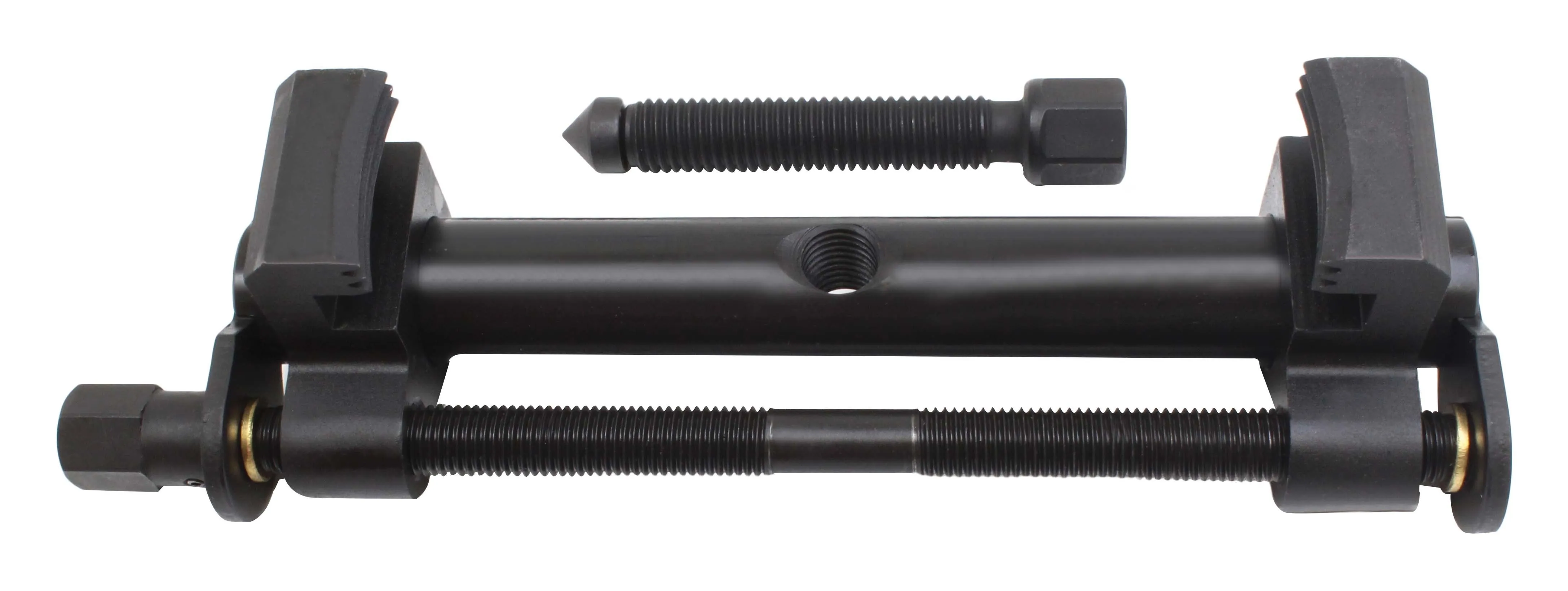 Top-down view of ribbed crankshaft pulley remover and separate pointed forcing bolt showing full assembly, jaws, rods and brass bushings