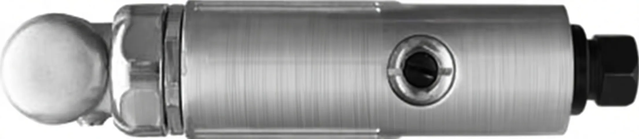 Top view of polished die grinder body with stamped WARNING text, circular port, ribbed grip and rear hex air fitting