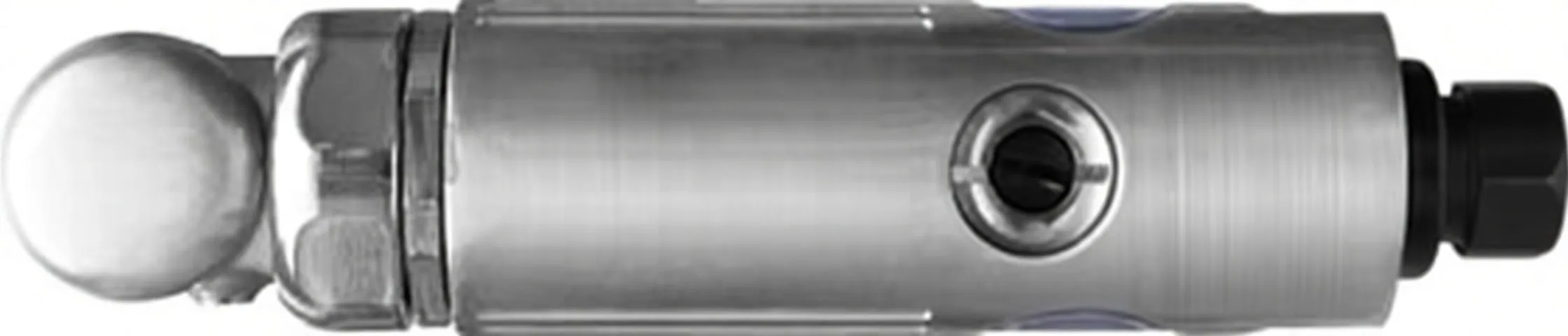 Close-up of die grinder head showing internal bore, threads and air-vanes with black throttle housing beneath