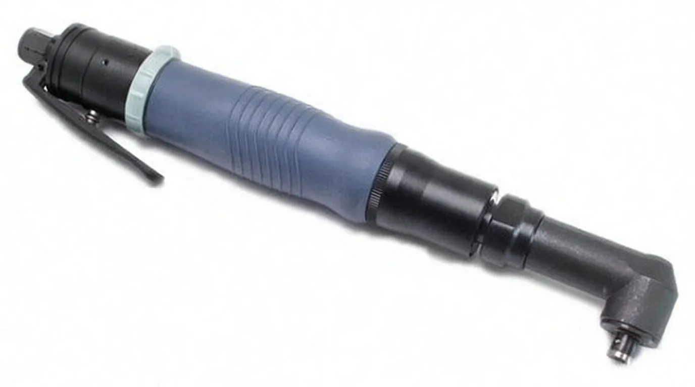 Angle pneumatic screwdriver viewed from rear showing blue handle, grey collar and label on black housing