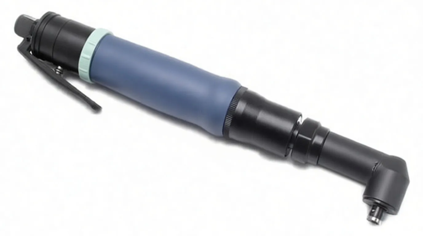 Close-up of angled pneumatic screwdriver showing blue handle, green adjustment ring, black lever throttle and 90-degree bit head