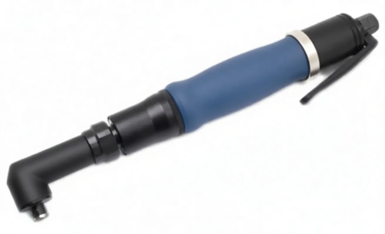 Full-length view of pneumatic right-angle screwdriver showing head, ribbed blue grip, adjustment ring and throttle lever