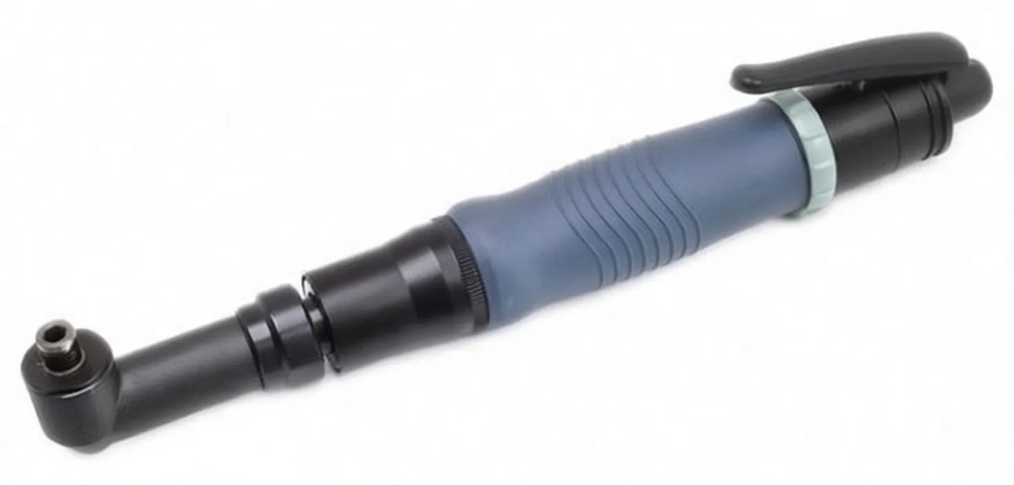 Side view of pneumatic angled screwdriver showing drive head, blue grip and rear throttle lever