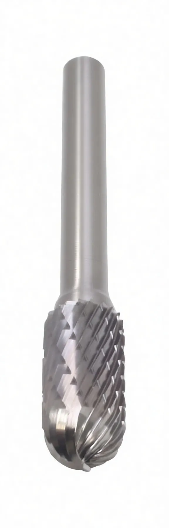 Front view of a metallic rotary burr with engraved part number on the shank and cross-cut fluted head.